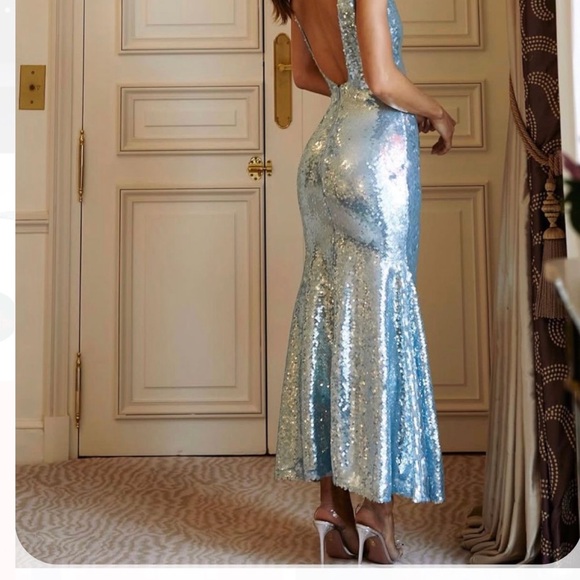 Self Portrait Blue Sequin Midi Flare Dress - Picture 10 of 10